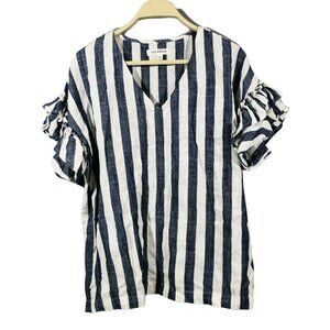 First Monday Linen Blouse Women Size S Vneck Blue Stripe Hippie Flared Retro Y2K